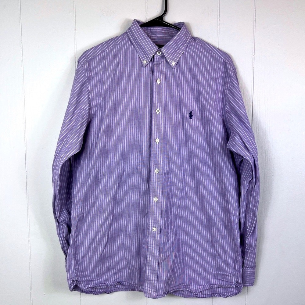 Ralph Lauren Mens 16 34-35 Classic Fit Purple White Striped Button Down Shirt